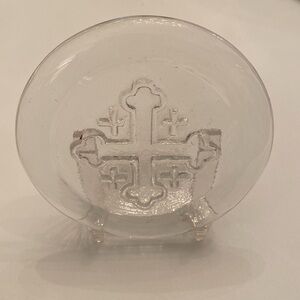 Vintage Round Glass Pressed Cross Paperweight with Stand